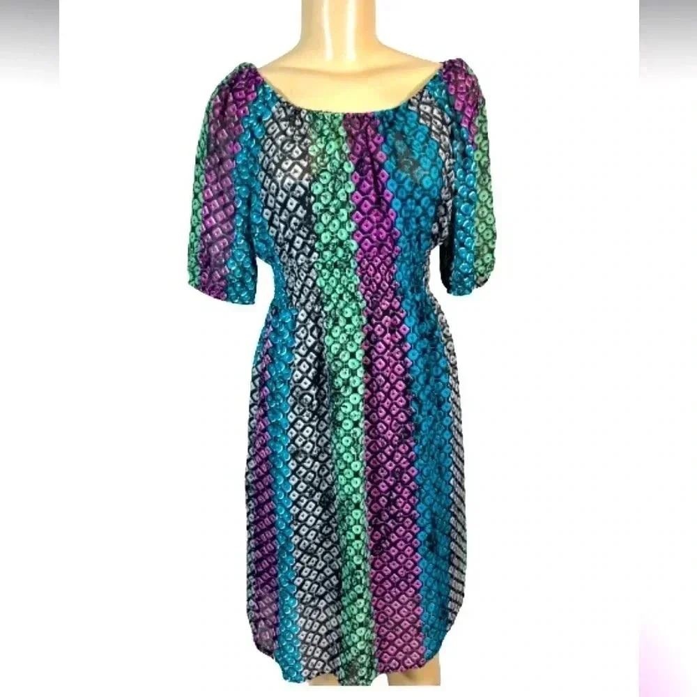 MOSSIMO sheer midi dress colorful green blue print puff sleeve size XS
